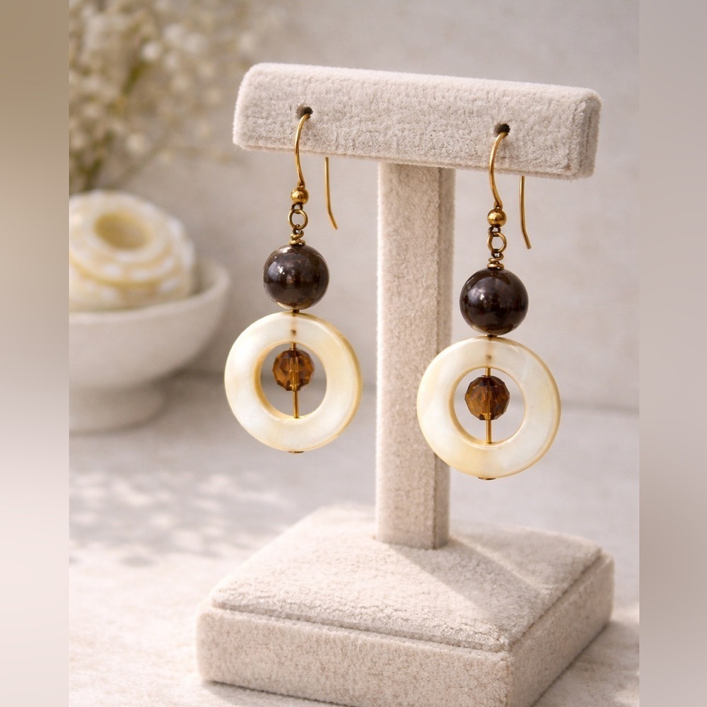 14K Gold Mother of Pearl Dangle Earrings Brown Stone Circle Drop